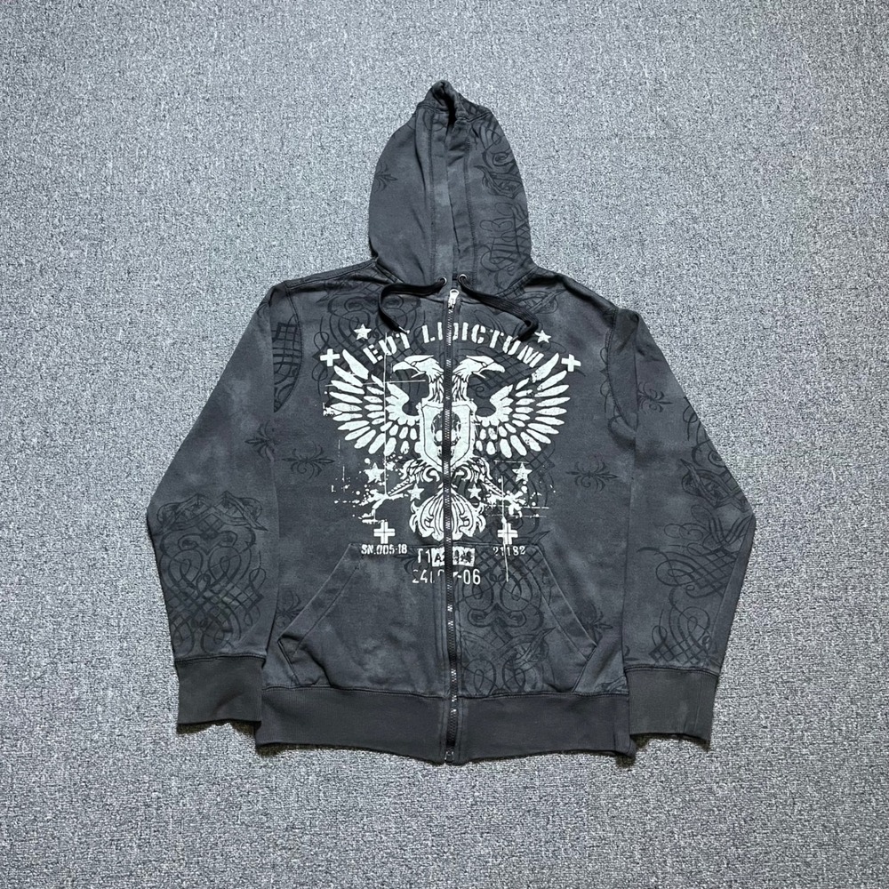 No Boundaries Zip Up Hoodie Medium Dark Gray Graphic Tribal Eagle Y2K Emo Grunge